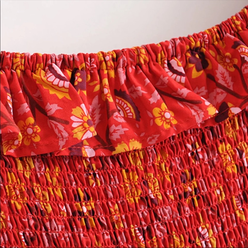 Off the Shoulder Boho Floral Gypsy Print Dress Red - Picture 7 of 10